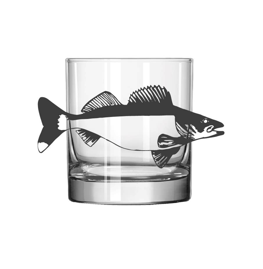 A clear glass tumbler with a black fish silhouette printed across the front, shown on a plain white background.