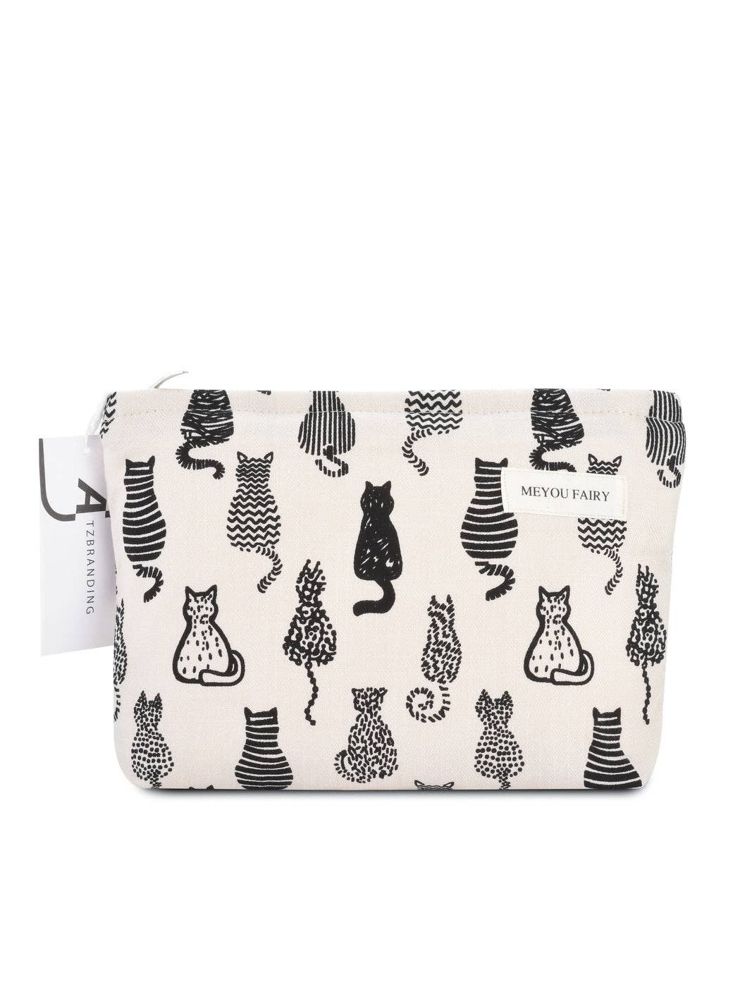 Cosmetic bag with black cat pattern on a white background