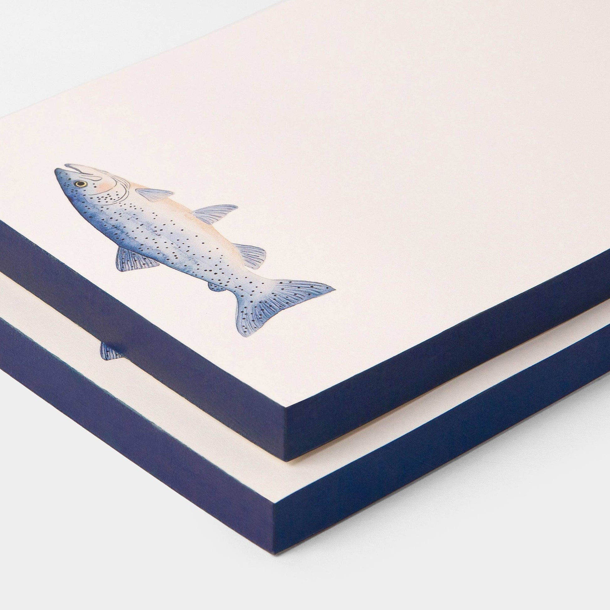 A stack of square art prints or cards with a light cream background, featuring a detailed illustration of a speckled blue-gray trout. The edges of the prints are dark navy blue, and they are arranged diagonally on a clean white background.