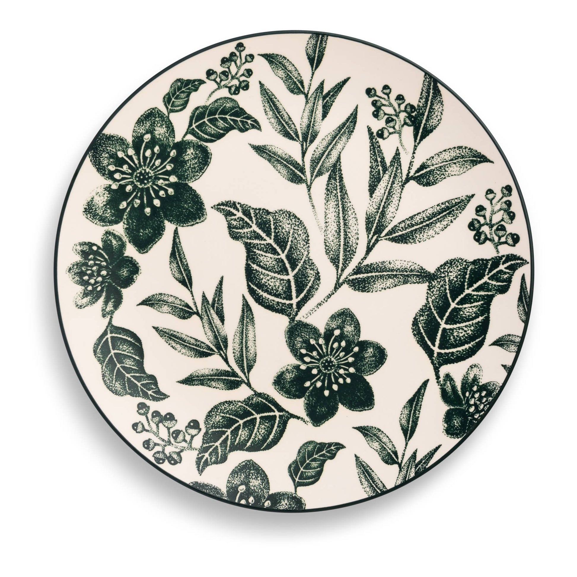 A round ceramic plate with a dark green botanical floral pattern on a warm cream background, featuring a thin black rim.
