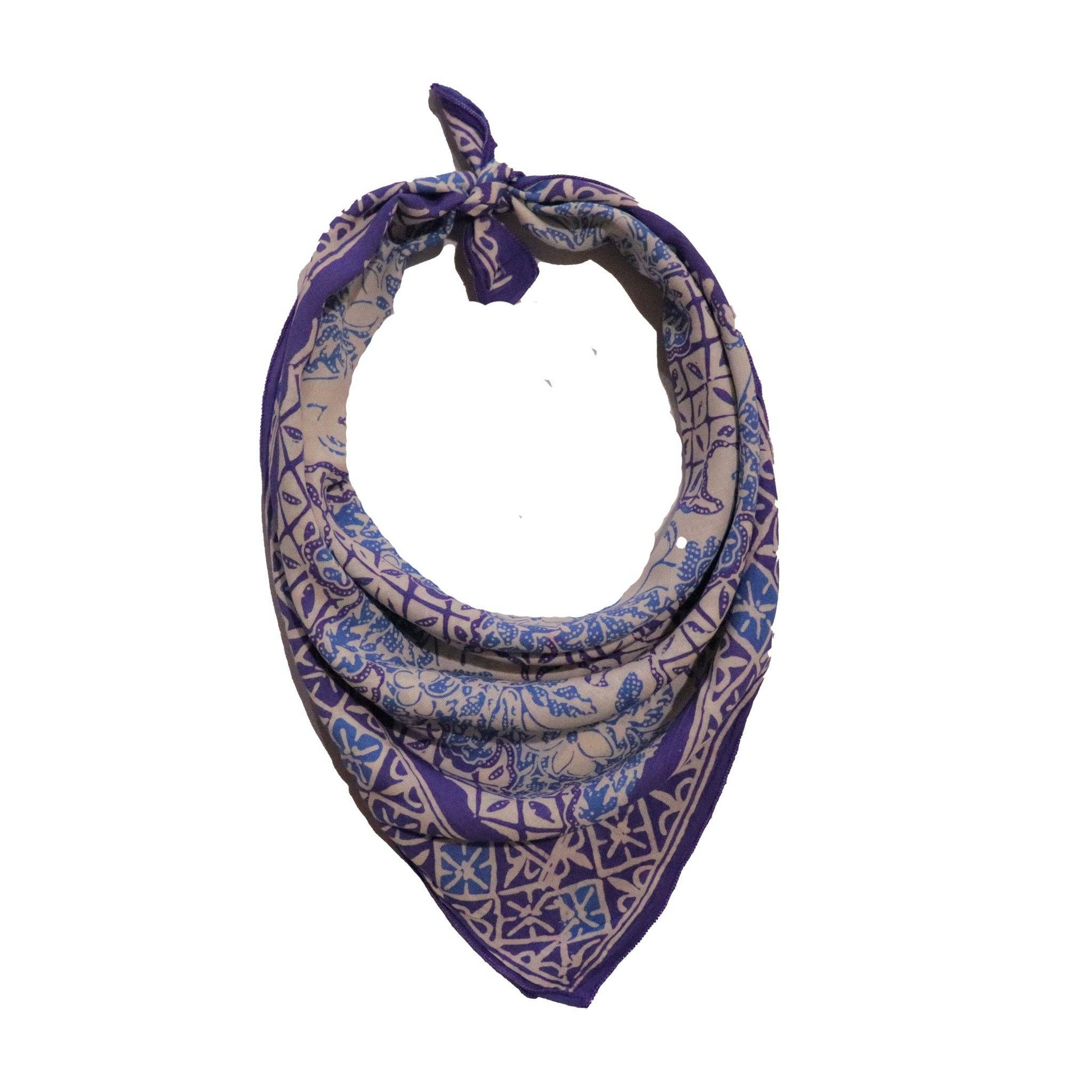 Purple and beige patterned bandana on a white background
