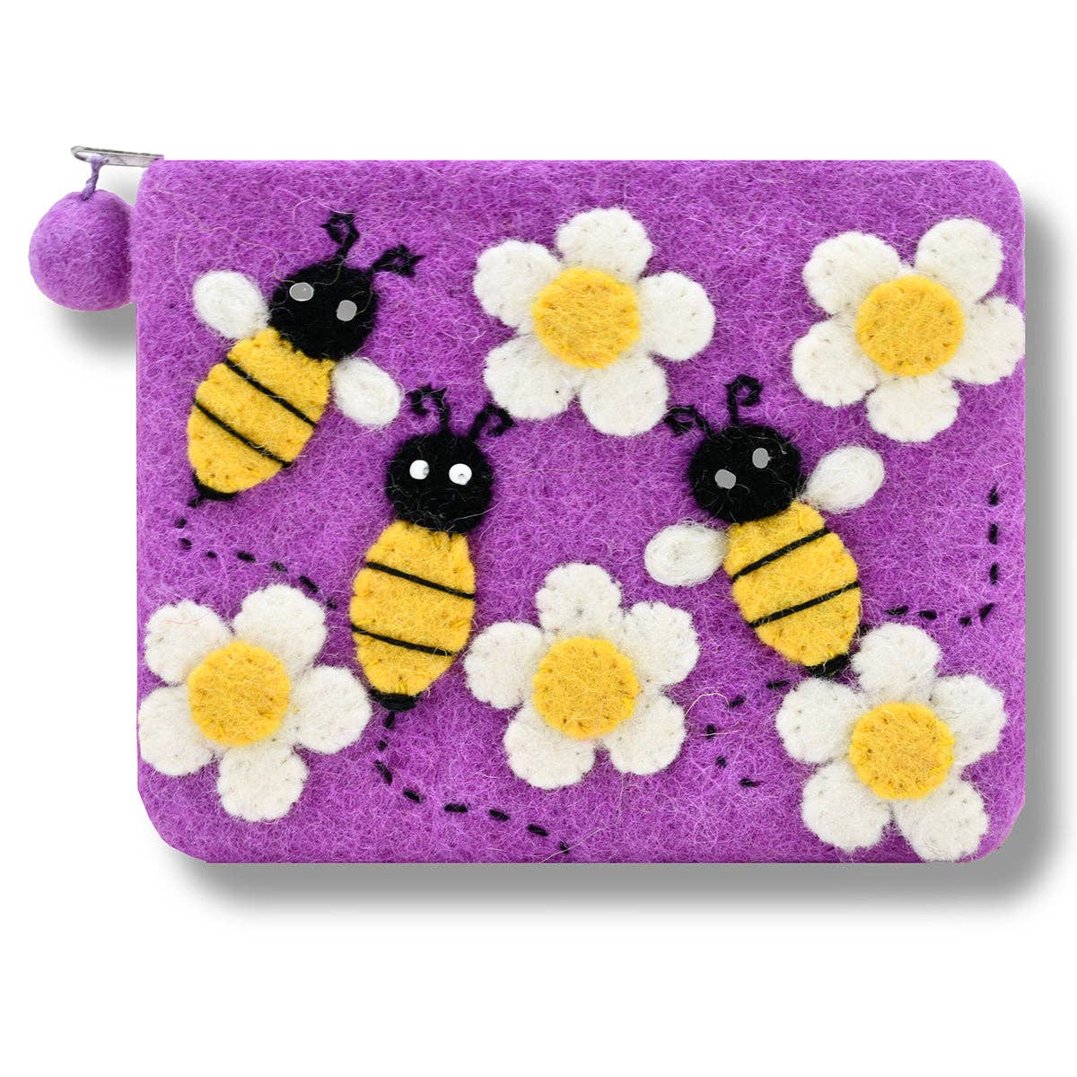 Purple Buzzing Bee Felted Coin Purse – Handcrafted Wool Felt