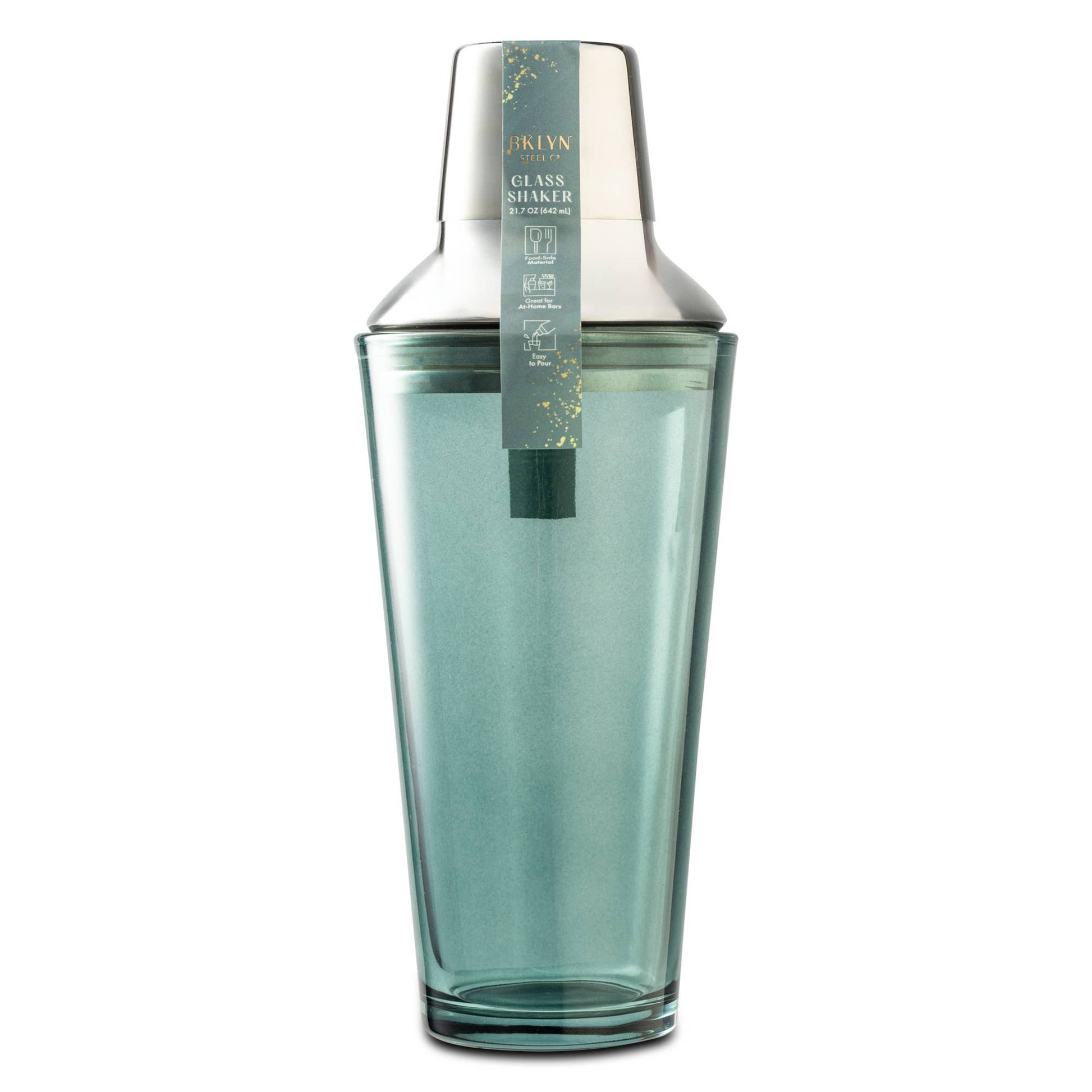 A cobalt blue glass shaker with a matching metal lid and a decorative paper tag, shown on a solid white background.