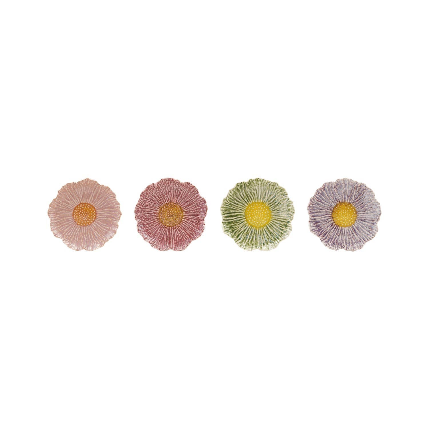 Four floral coasters with yellow centers on a white background