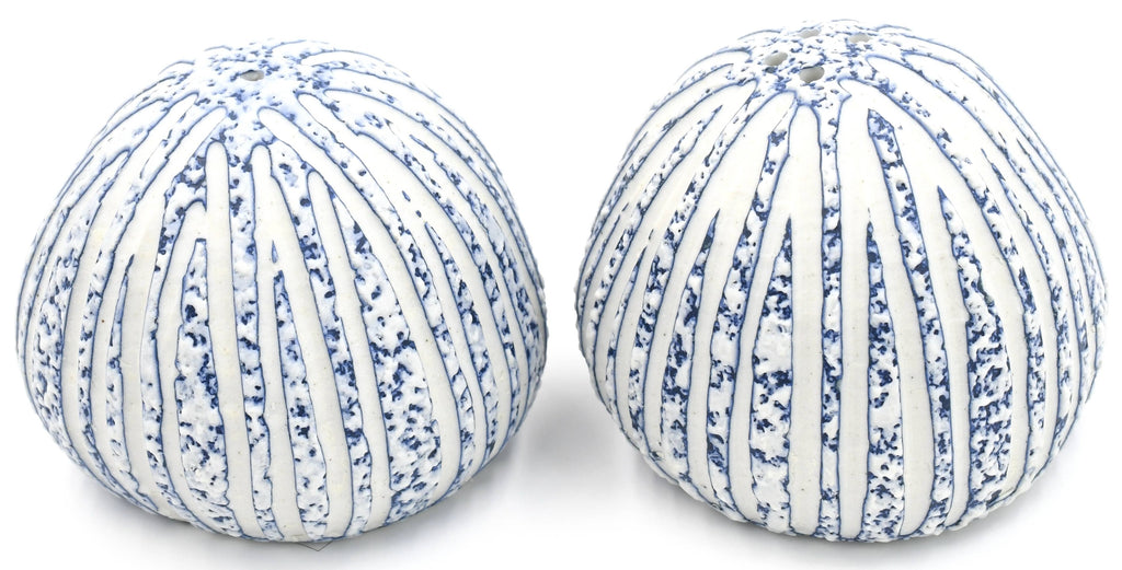 Two blue and white striped decorative pillows on a white background