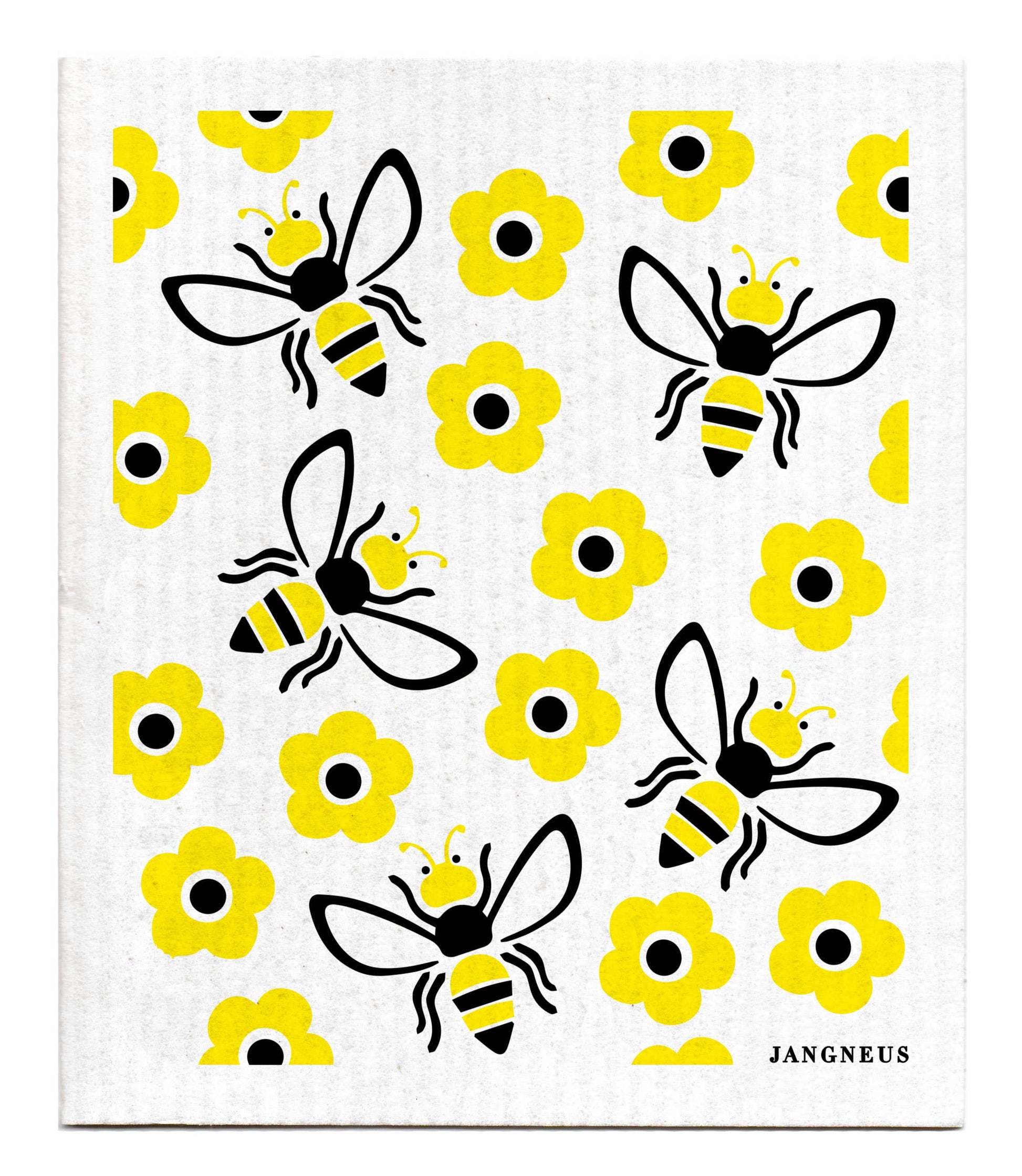 White cloth with black bees and yellow flowers pattern, brand 'Jangneus' visible