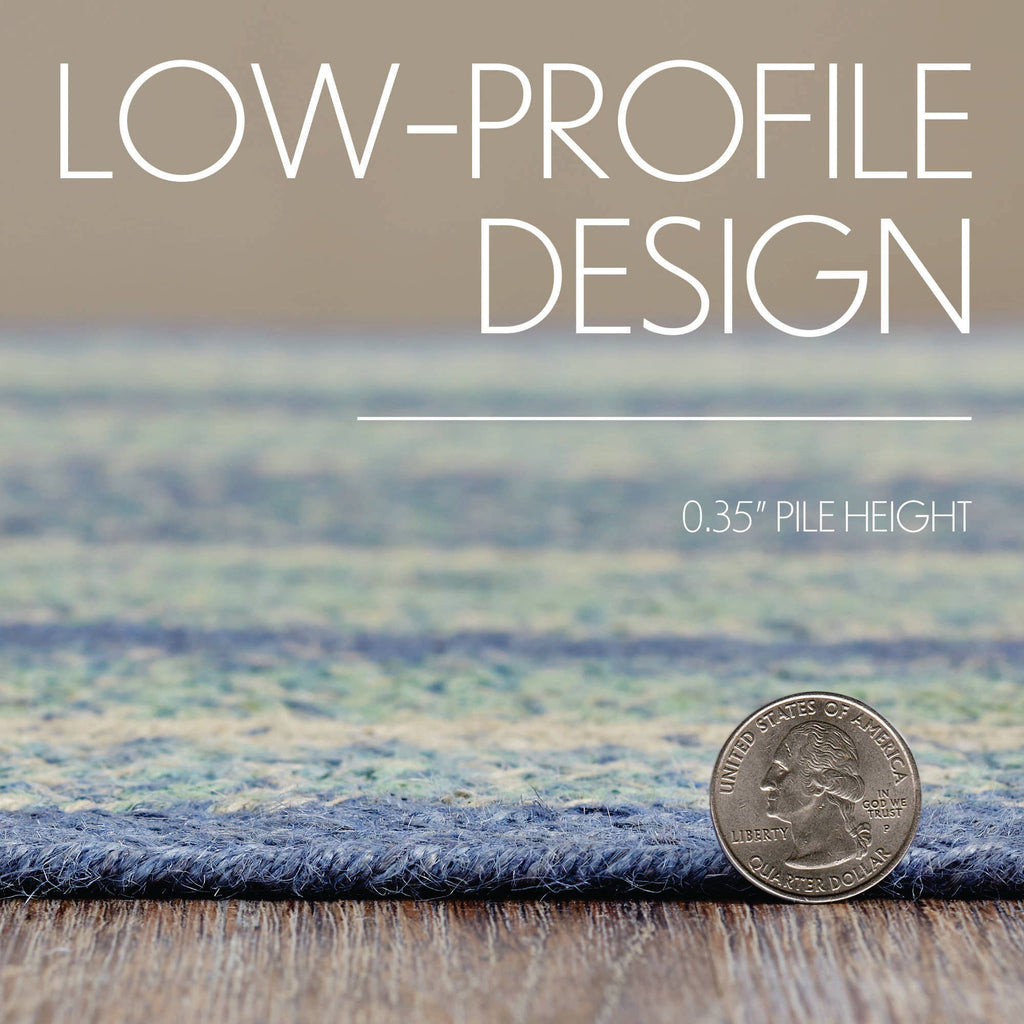 Text 'LOW-PROFILE DESIGN' with a coin showing 0.35" pile height on a textured surface.