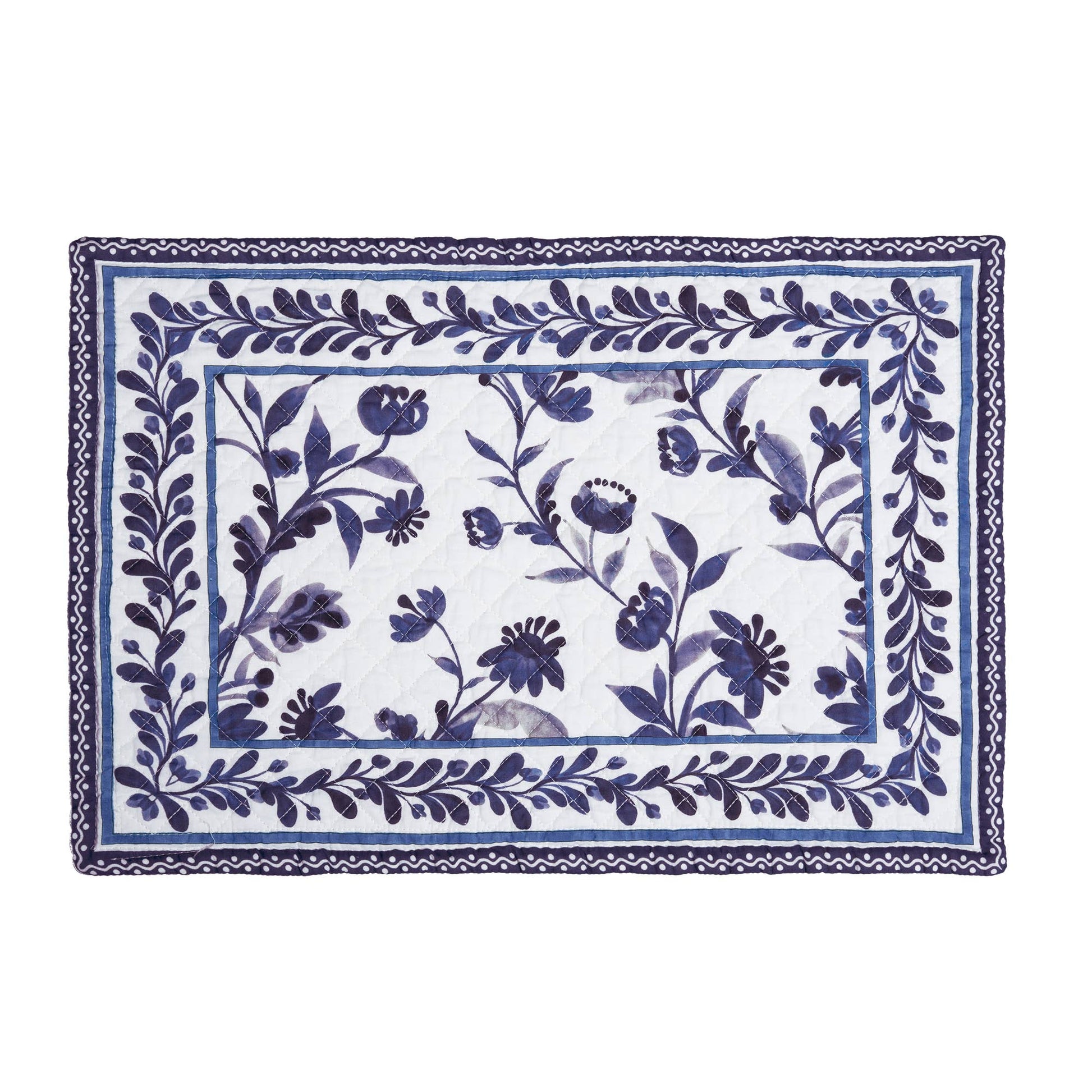 Rectangular placemat with blue floral pattern on a white background