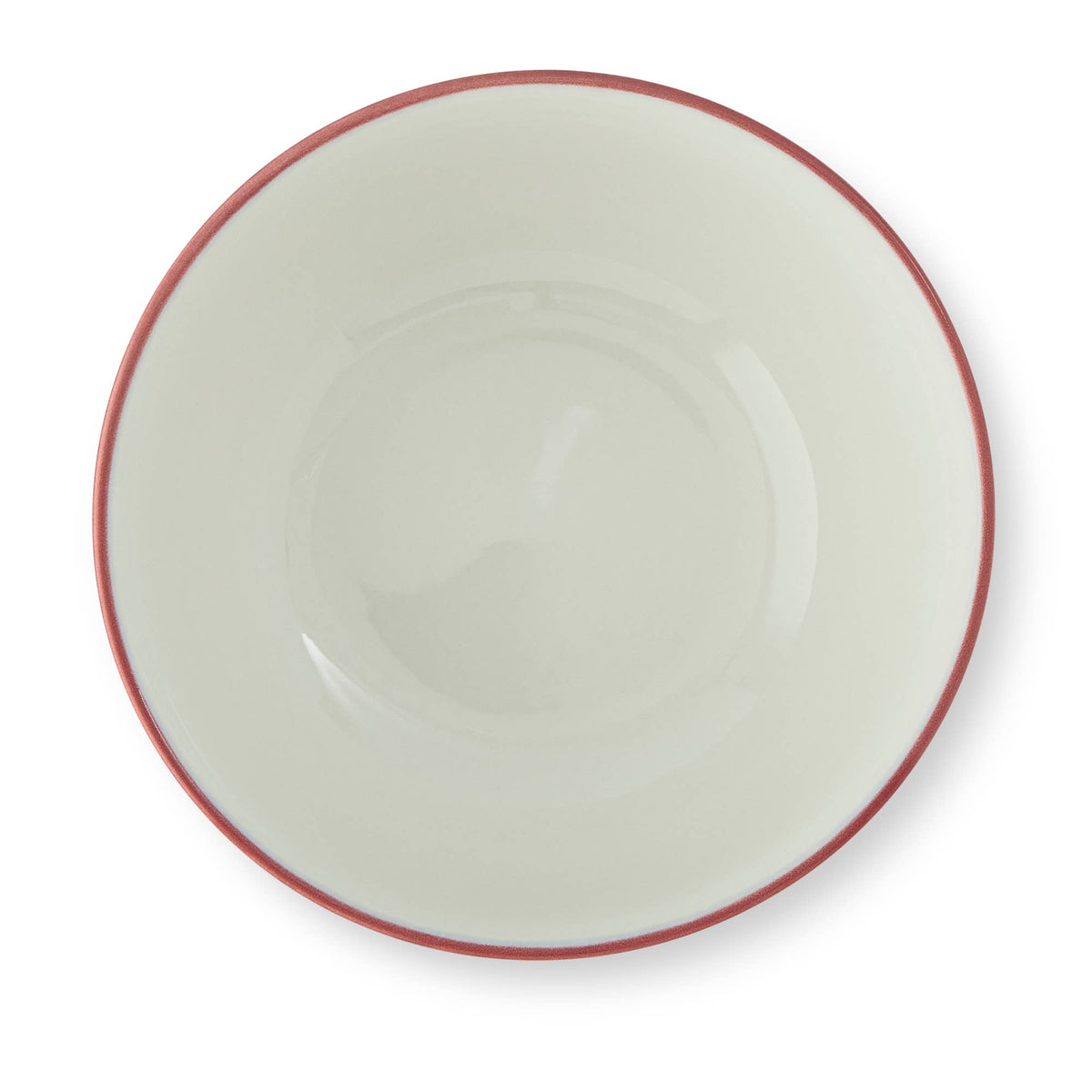 A top-down view of a round ceramic plate with a glossy off-white glaze and a thin red rim, set against a plain white background.