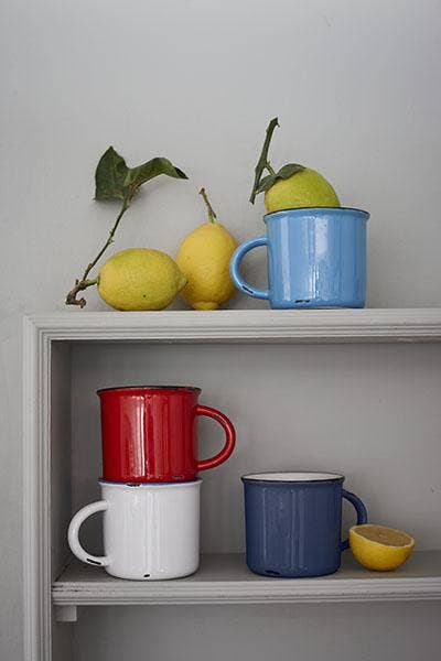 Tinware Mug - White W/Blue Rim
