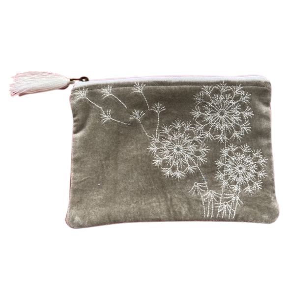Beige Velvet Embroidered Dandelion Coin Purse — Medium