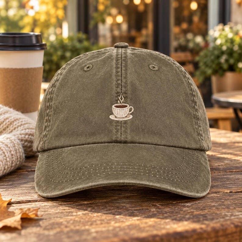 An olive green washed cotton baseball cap with a small embroidered coffee cup on the front, resting on a rustic wooden table next to a coffee cup in an outdoor cafe setting.