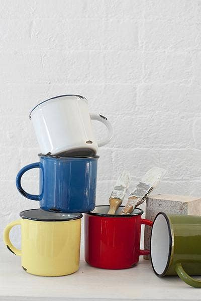 Tinware Mug - White W/Blue Rim