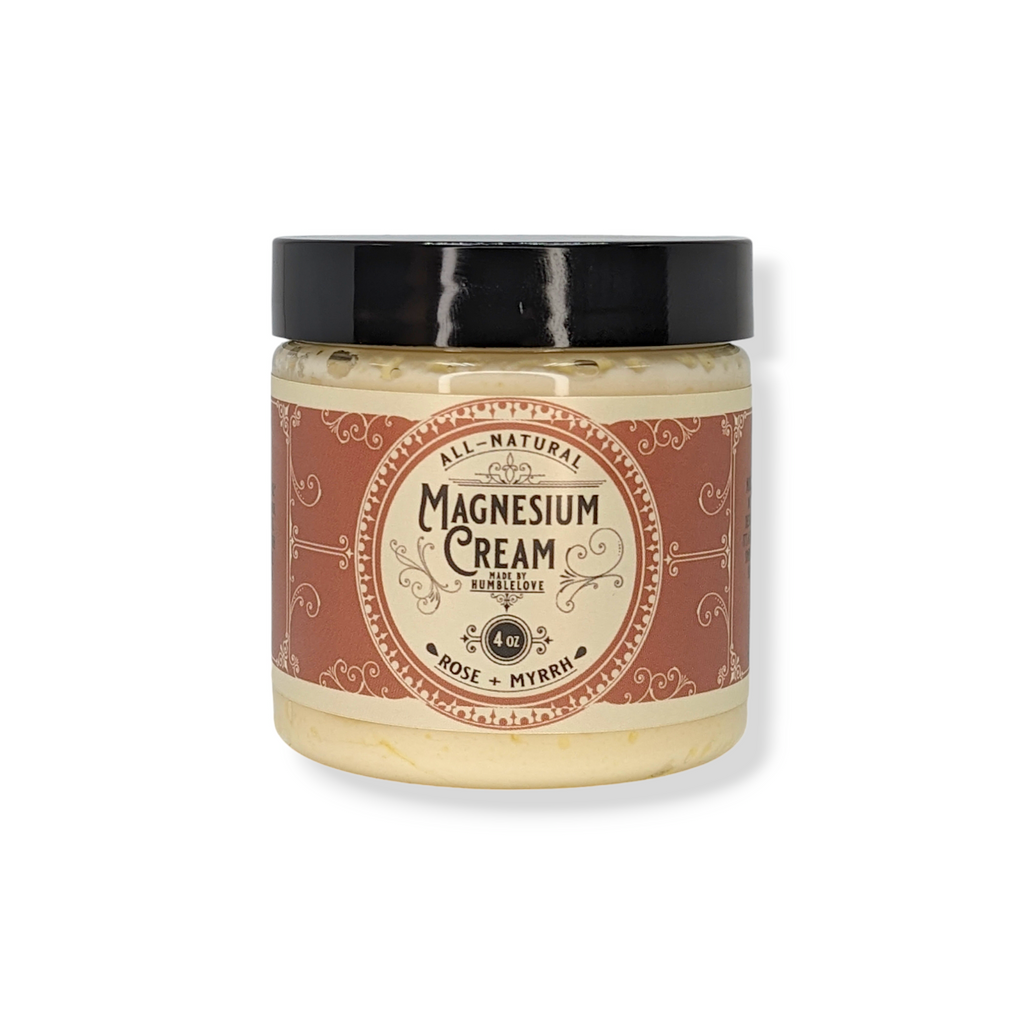 Jar of magnesium cream with decorative label on a white background