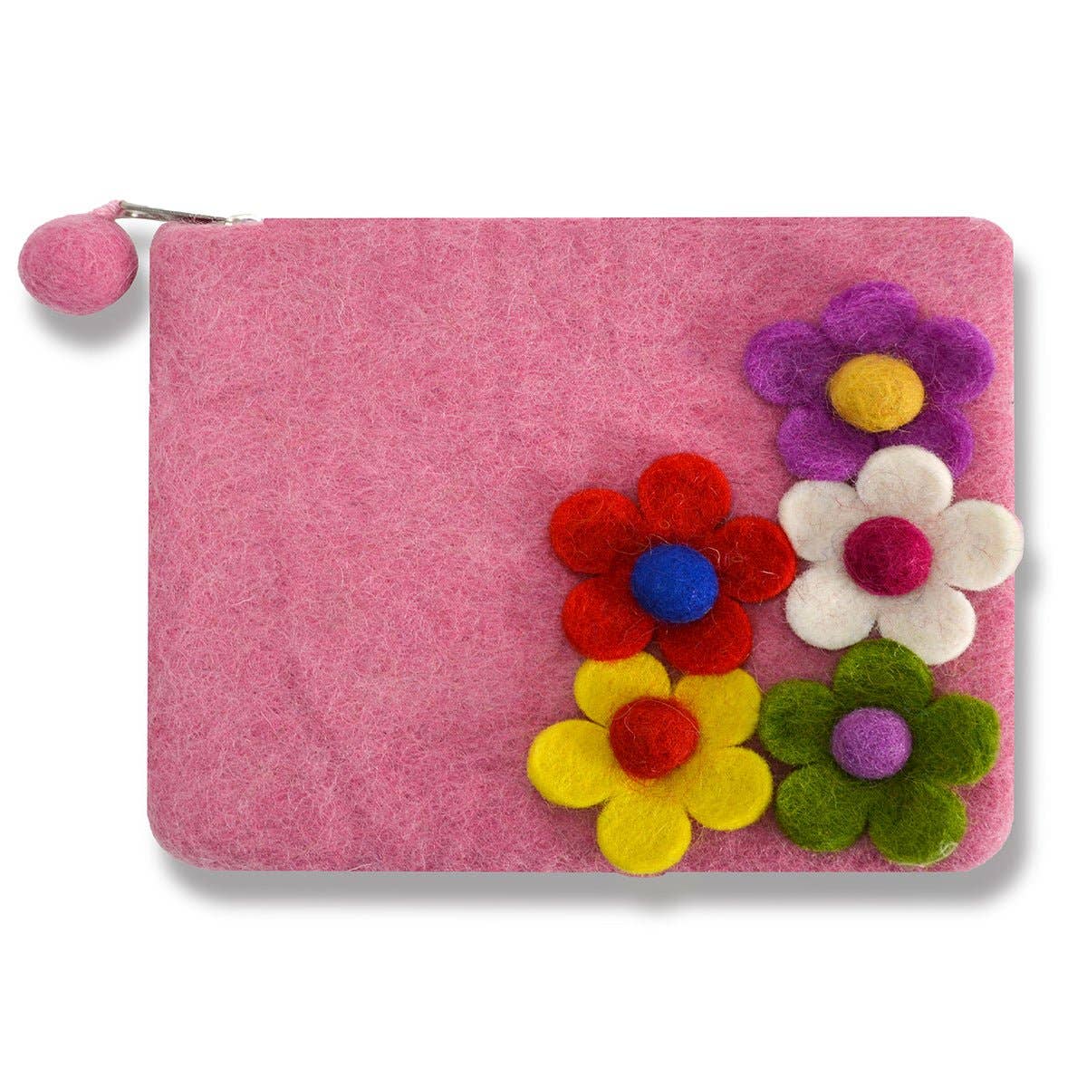 Purple Five Side Flower Zip Coin Purse – Handcrafted Wool Felt