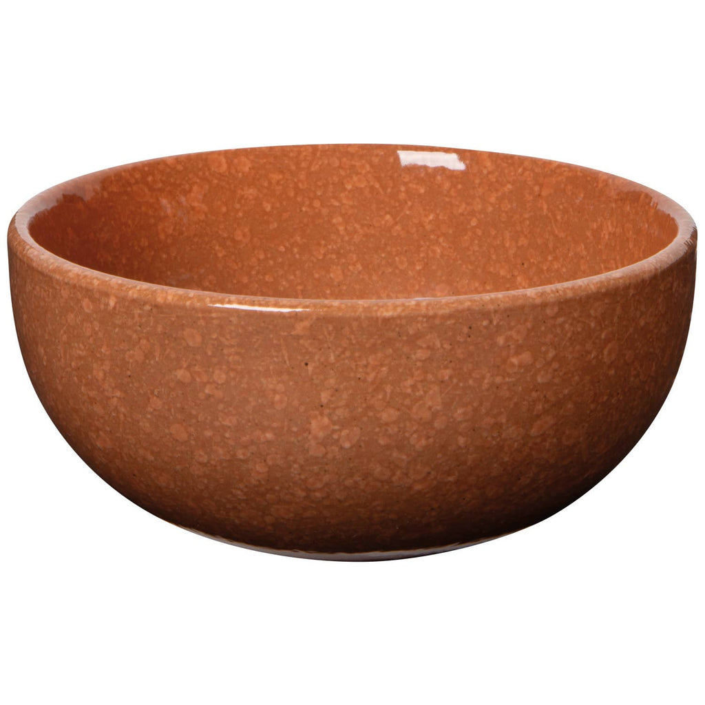 A round ceramic bowl with a speckled terracotta brown finish, shown against a plain white background.