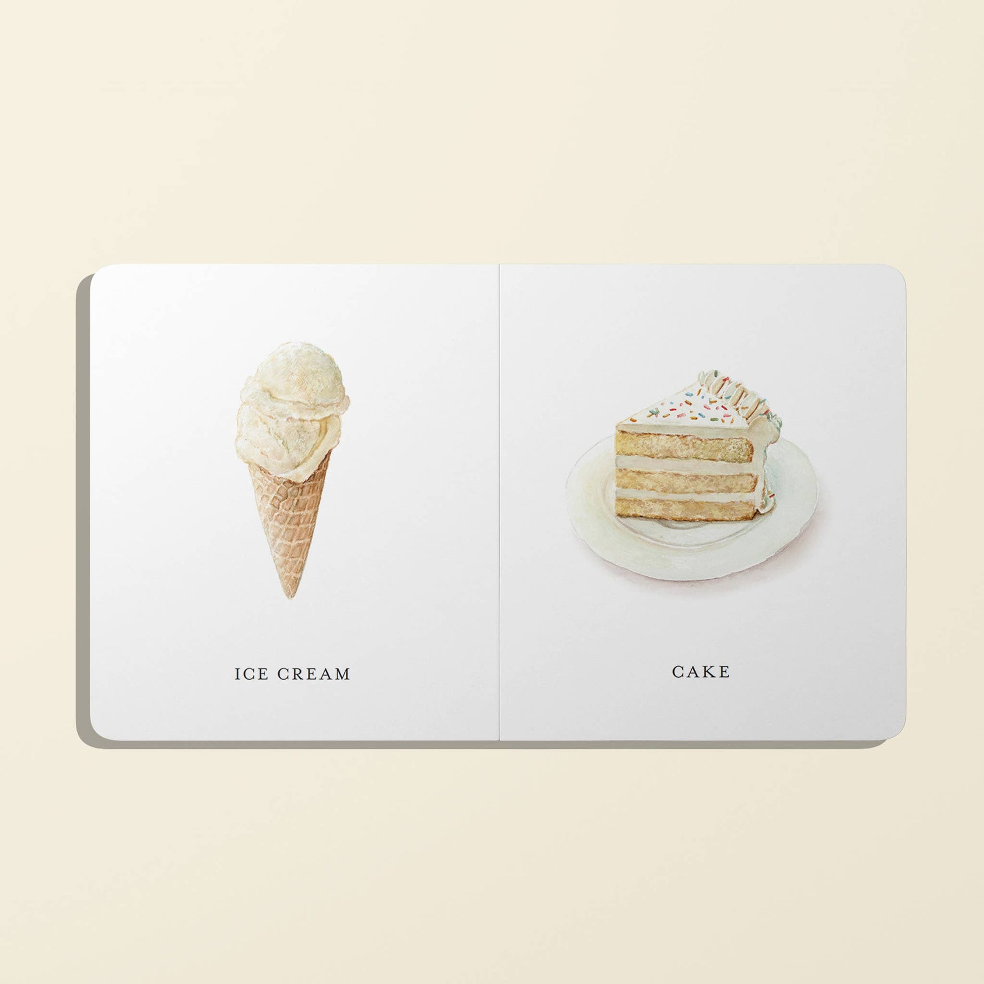 Open book with illustrations of ice cream and cake on a beige background