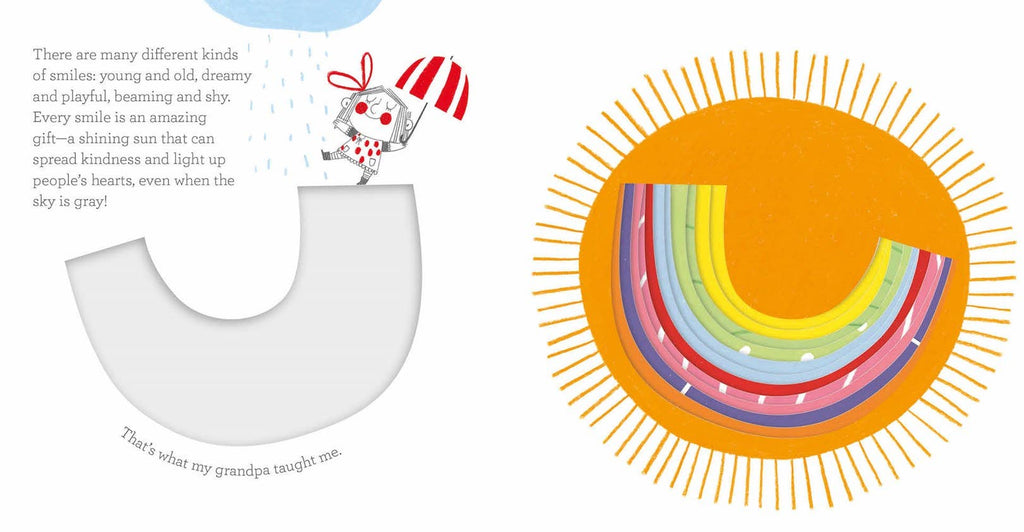 Illustration of a sun with a rainbow and a character on a white background