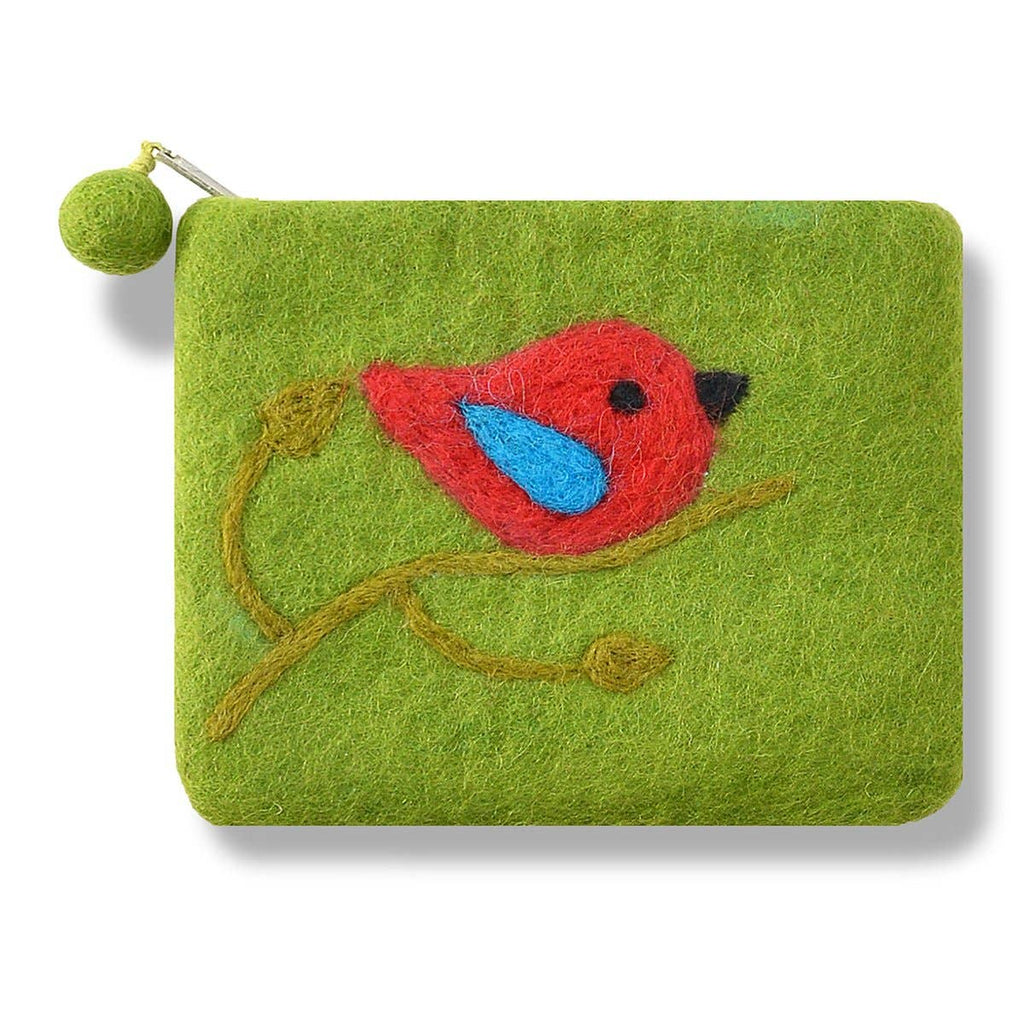 Green One Bird Design Coin Purse – Handcrafted Wool Felt