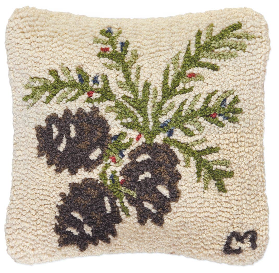 Pinecones and Berries – Pinecone Hooked Wool Pillow | 14" x 14"