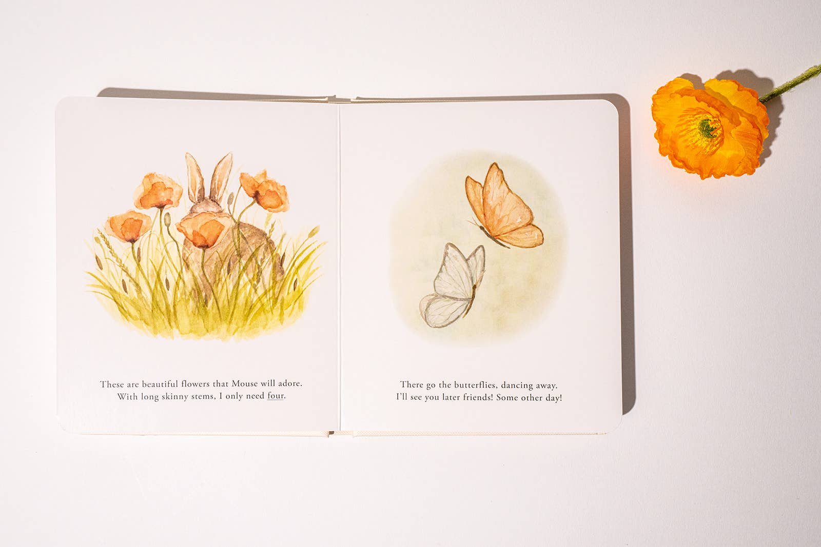 Illustrated book open to a page with a rabbit, flowers, and butterfly on a light background
