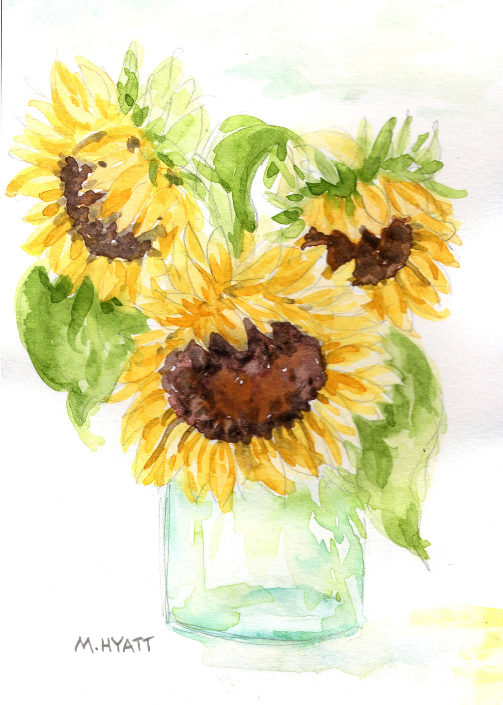 Watercolor painting of three sunflowers in a clear glass jar, signed M. Hyatt in the lower left corner.