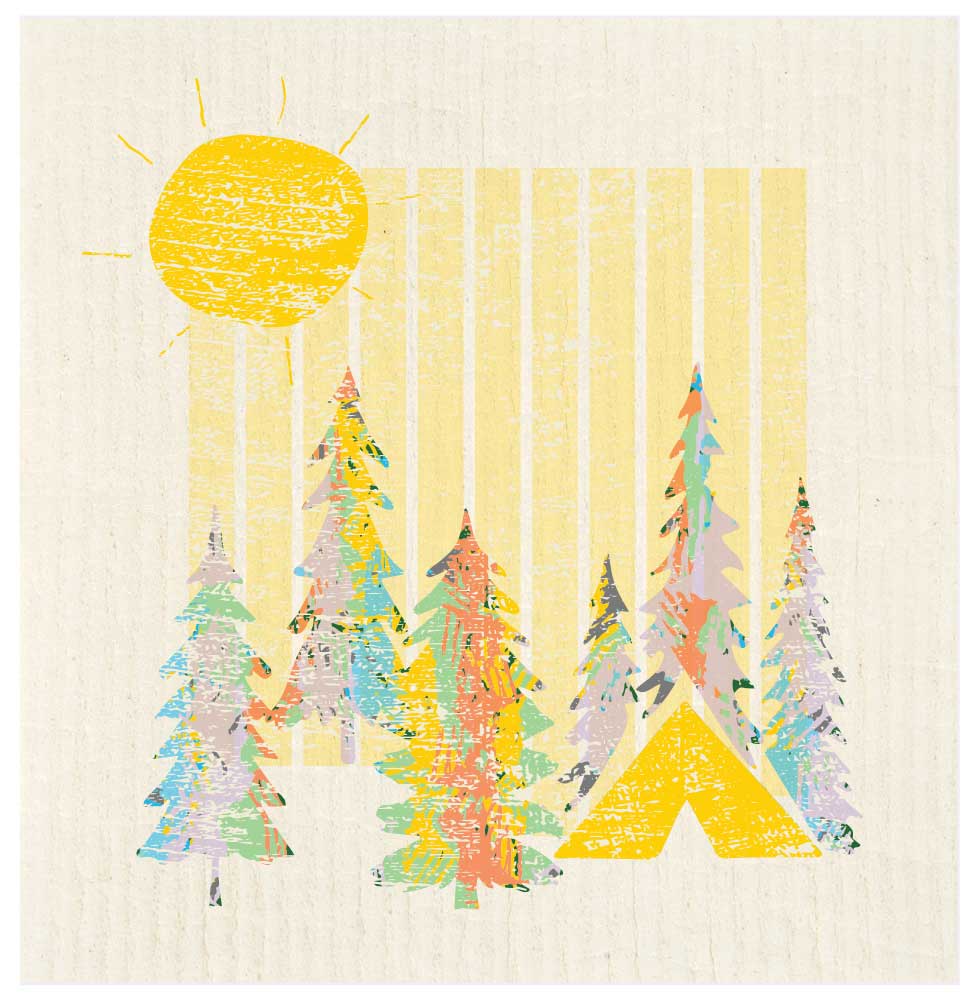 Textured Trees and Tent with Sun Swedish Dishcloth