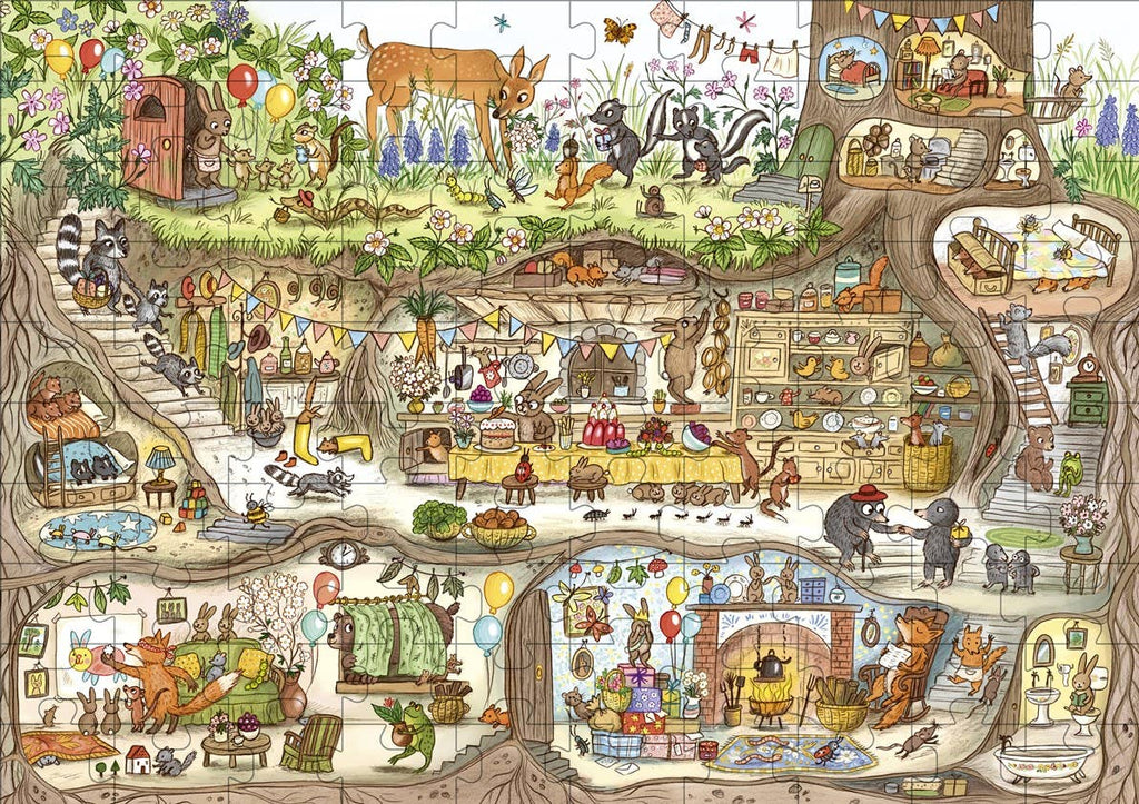 Colorful puzzle with illustrated scenes of animals in a village setting.