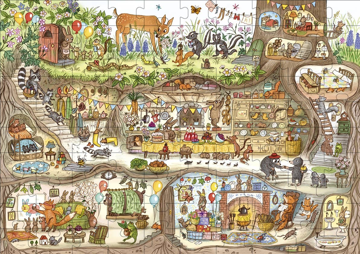 Colorful puzzle with illustrated scenes of animals in a village setting.