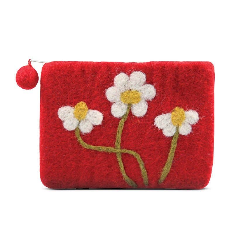 Green Needle Daisy Flowers Coin Purse – Handcrafted Wool Felt