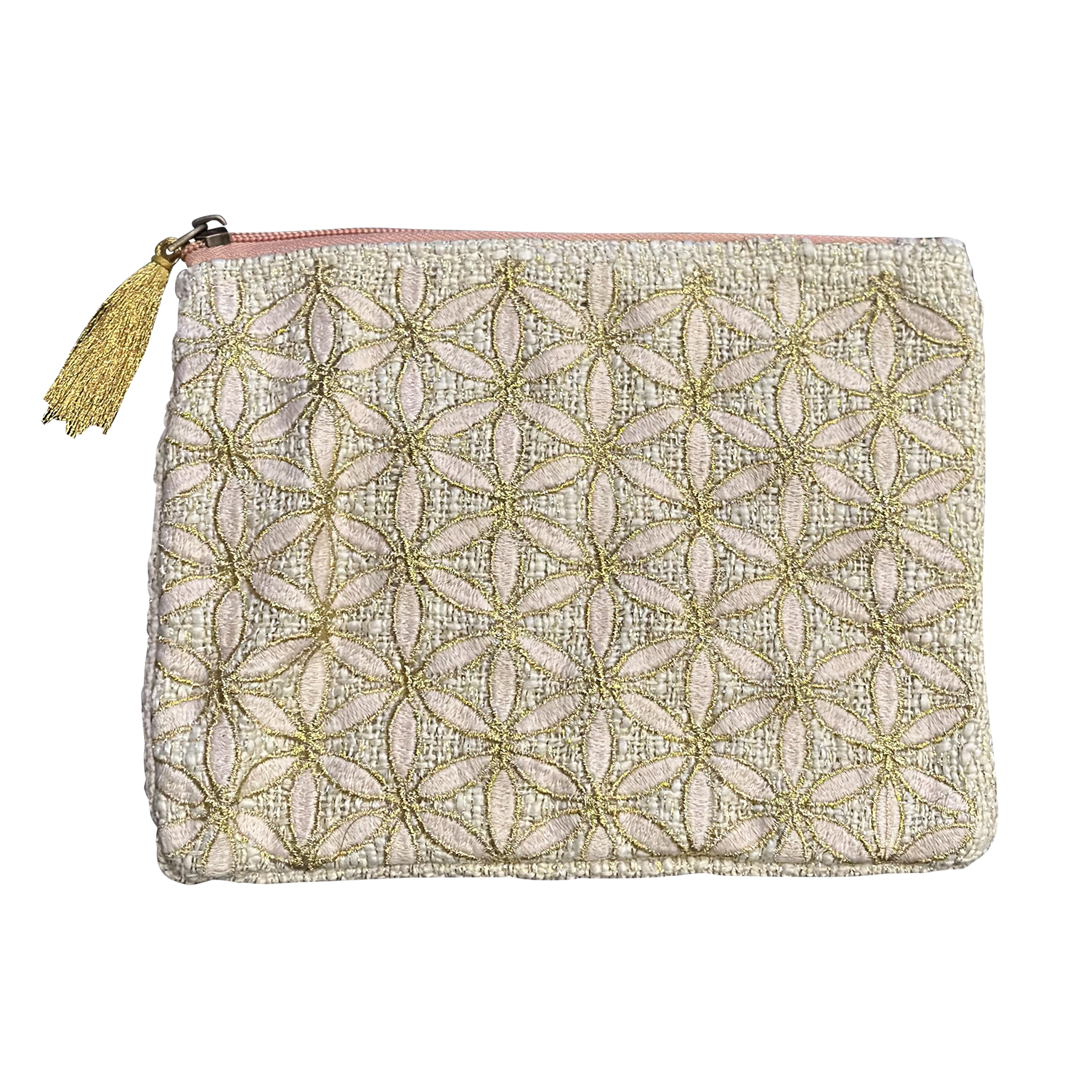 Pale Beige-Pink Gold Embroidered Flower Cotton Pouch Bag