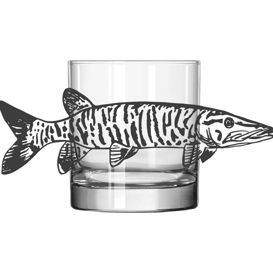 A clear glass tumbler with a black-and-white fish illustration wrapping around the side, shown on a plain white background.