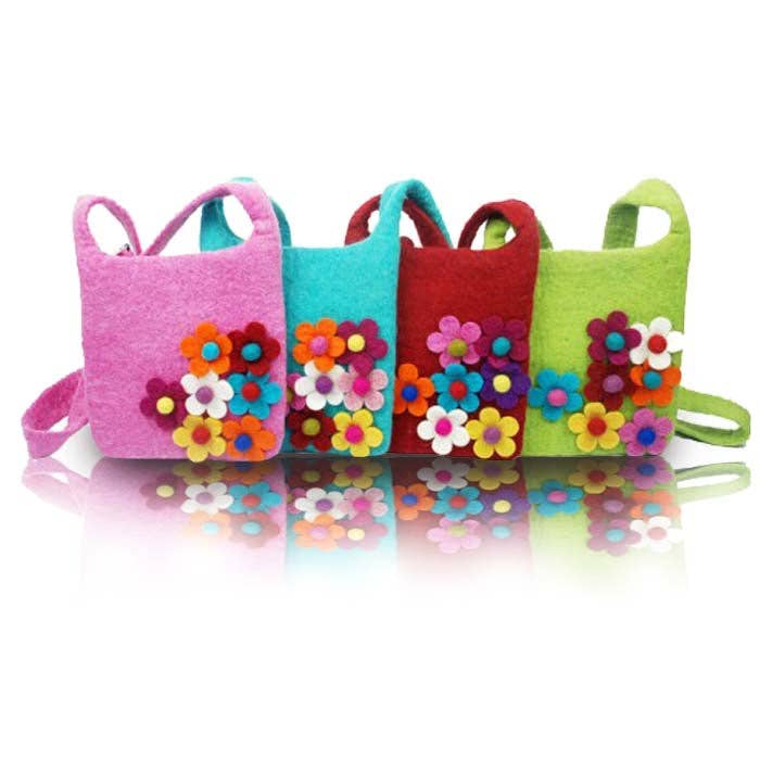 Green Side Flower Cross Body Kids Bag – Handcrafted Wool Felt