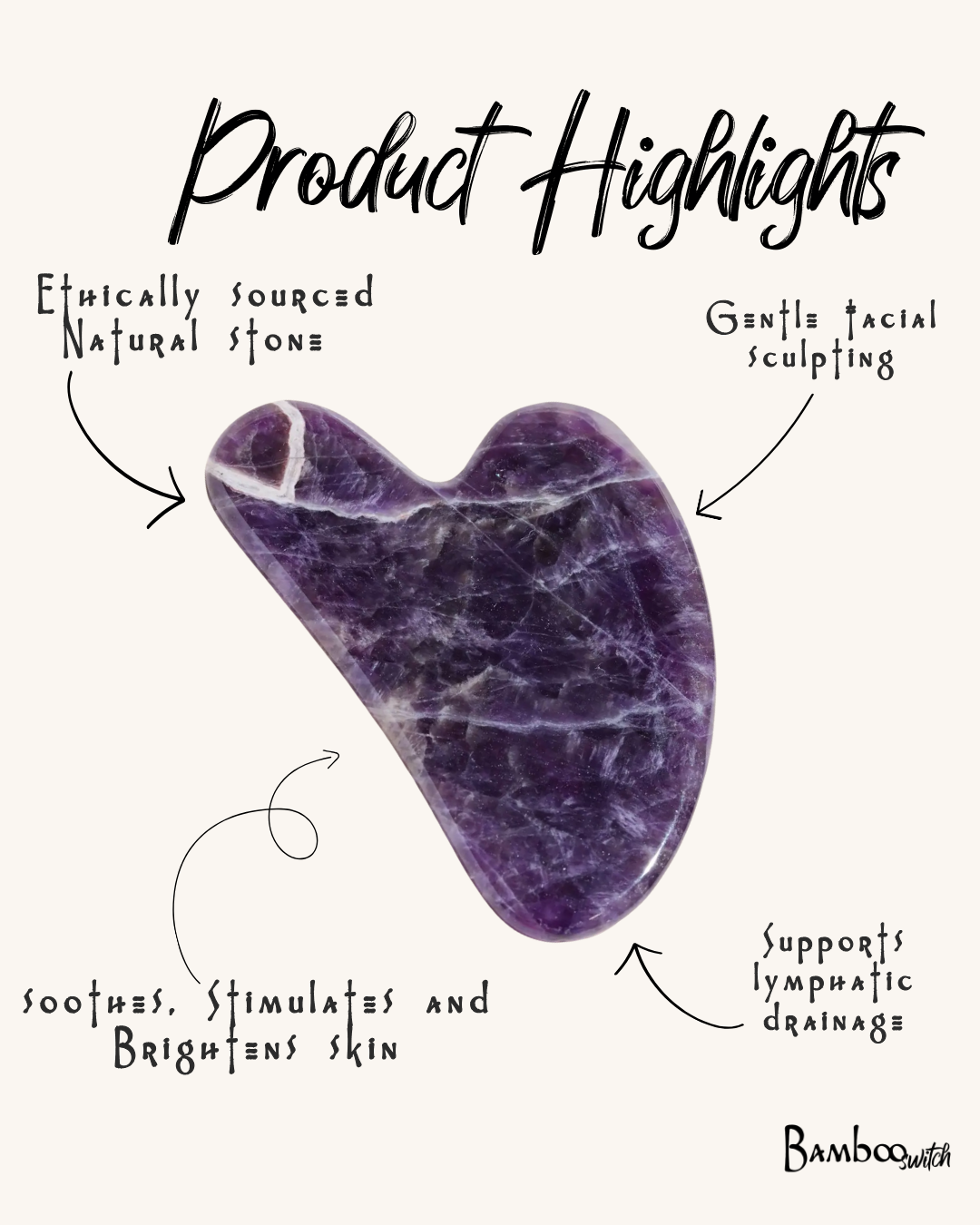 Heart-shaped purple stone with product highlights on a white background