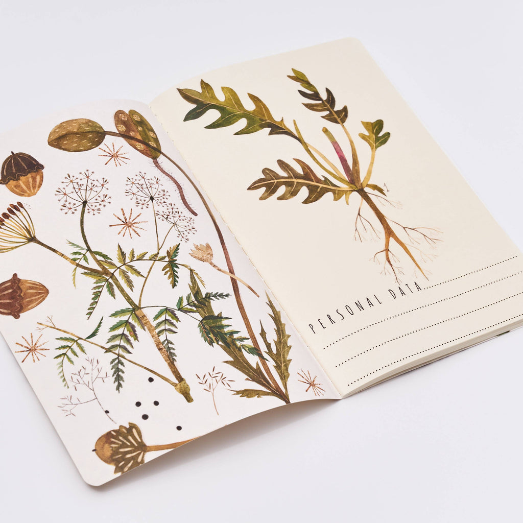 Notebook with botanical illustrations on a white background