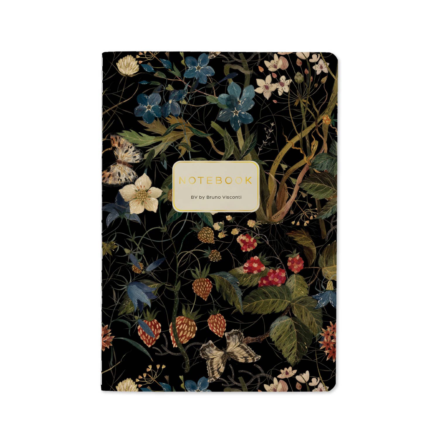 A floral notebook with a black background and an intricate botanical pattern of blue, red, and white flowers with green leaves. A cream-colored label in the center reads 'NOTEBOOK' with 'By Bruna Visconti' underneath.