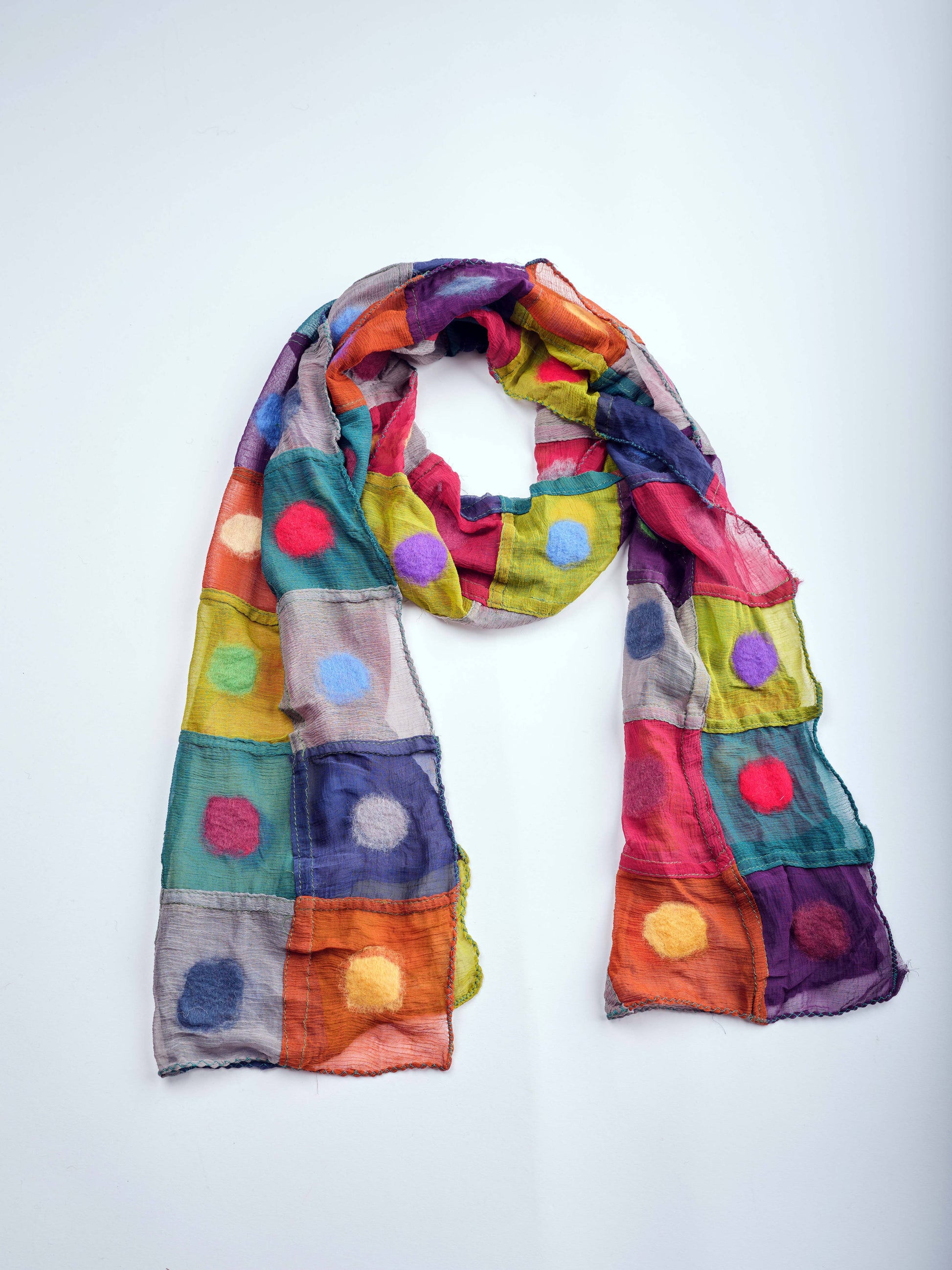 Polkadot Patch Felt/Silk Scarf: Multi-Colored