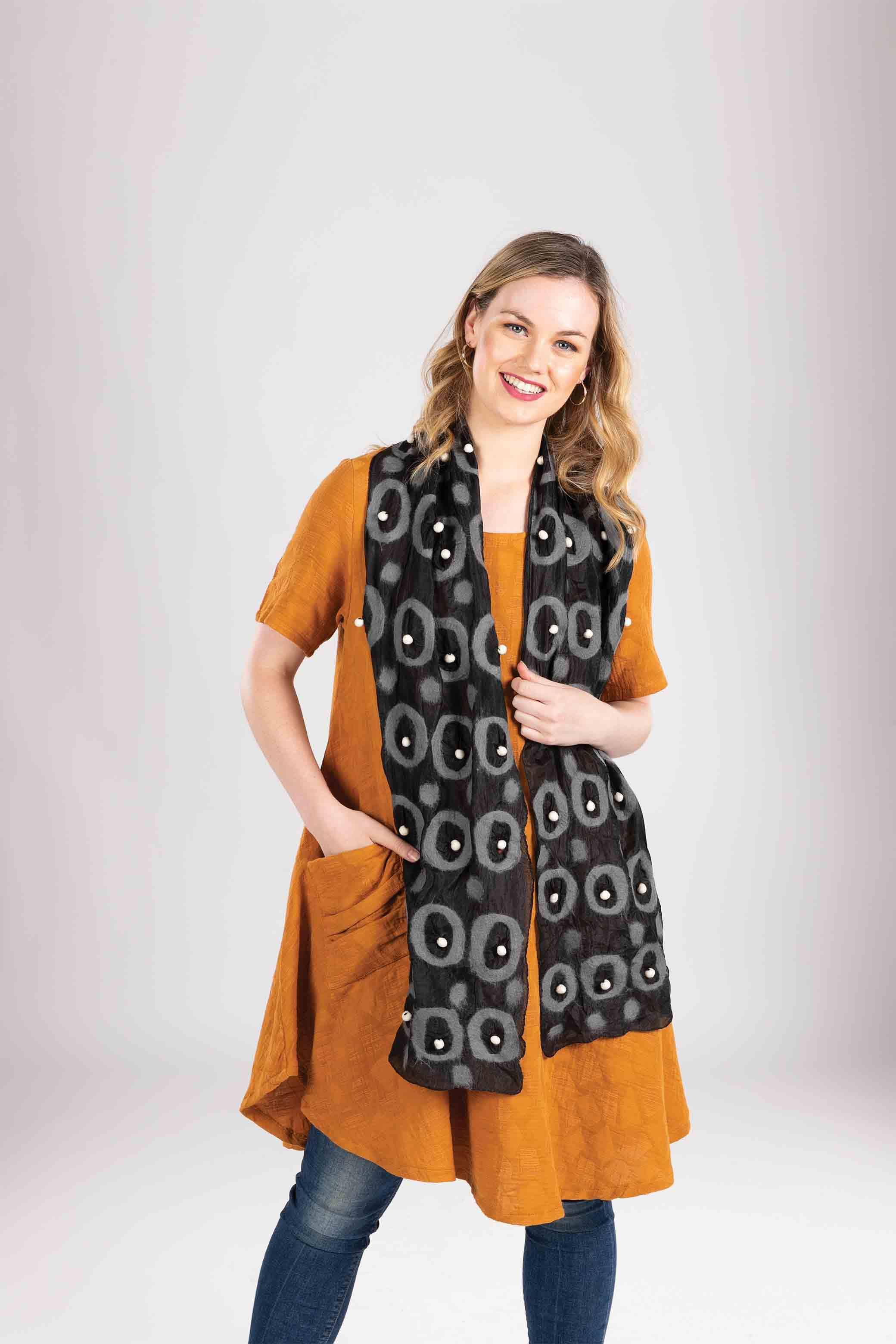 Pom Pom Wool Felted Scarf. SF902: Black