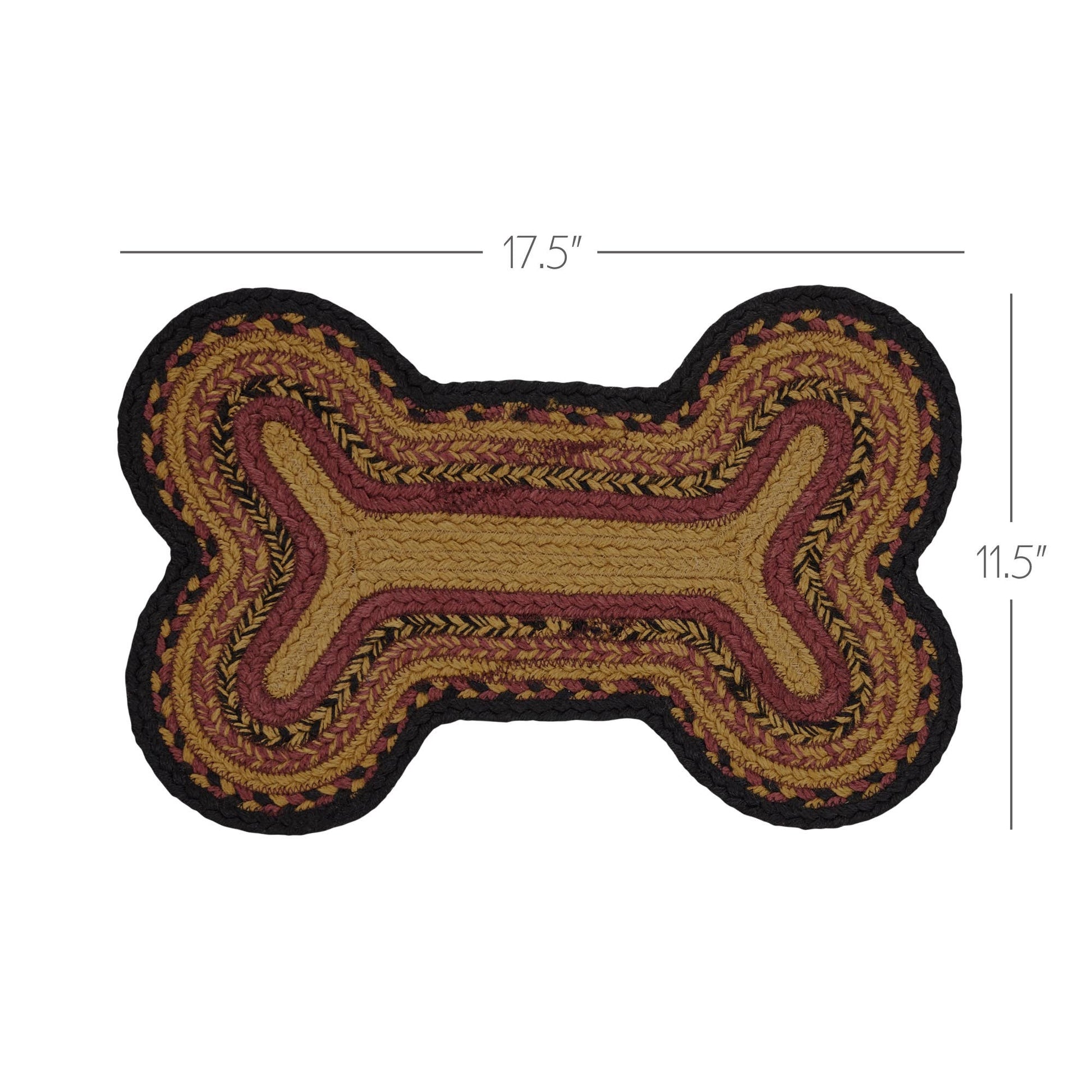 Bone-shaped rug with braided pattern and measurements on a white background