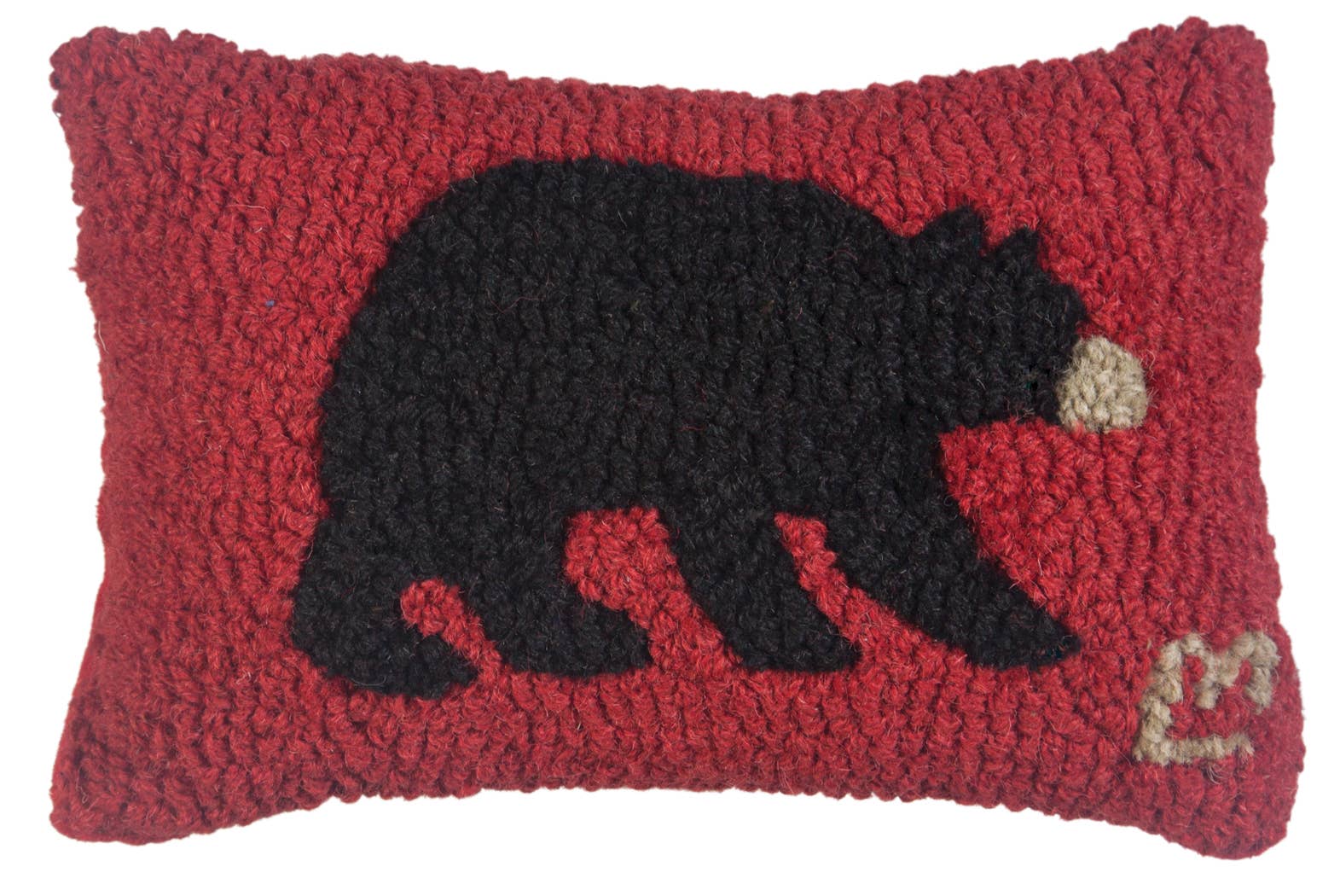 A rectangular red textured throw pillow featuring a large black bear silhouette and a small beige bear head detail on the right side, shown against a plain white background.