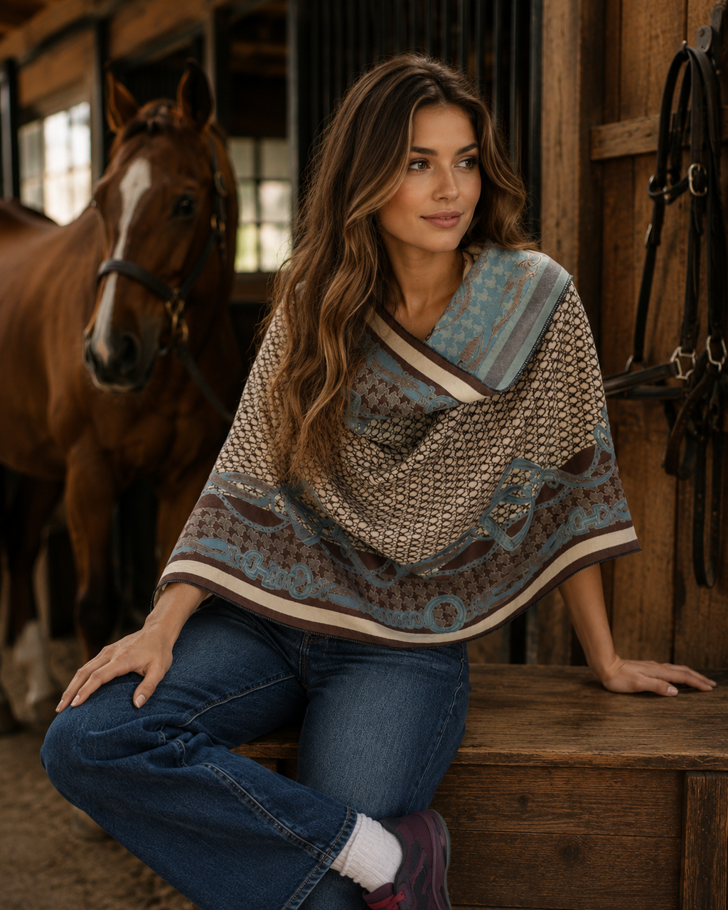 Equestrian Blue/Beige Stirrup Reversible Wrap– Artisan Shawl