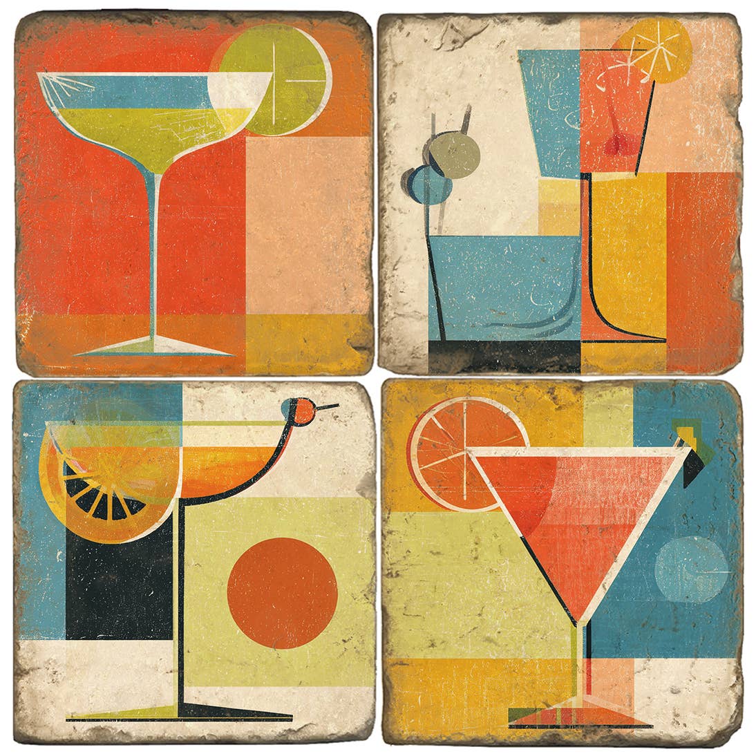 Set of four square coasters featuring mid-century modern cocktail illustrations in a geometric, retro art style with warm orange, blue, yellow, and cream tones.