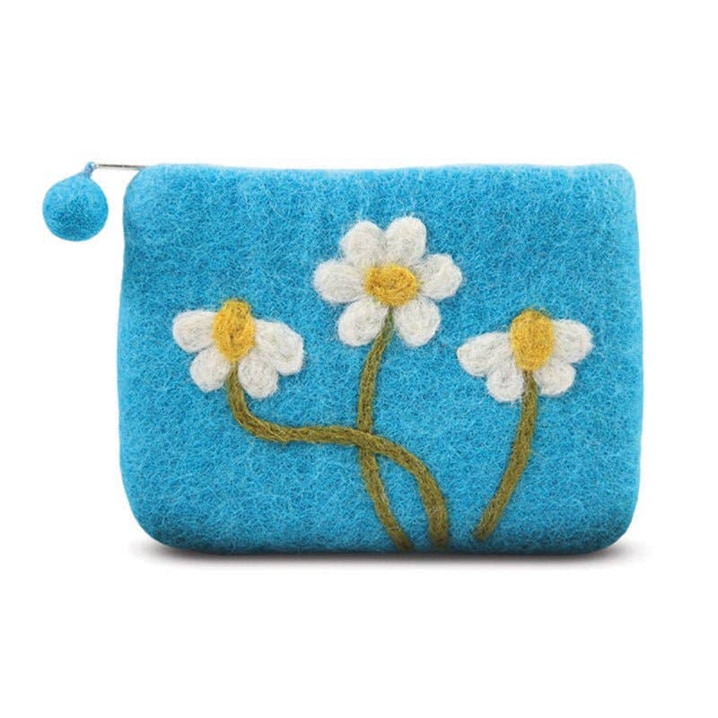 Green Needle Daisy Flowers Coin Purse – Handcrafted Wool Felt