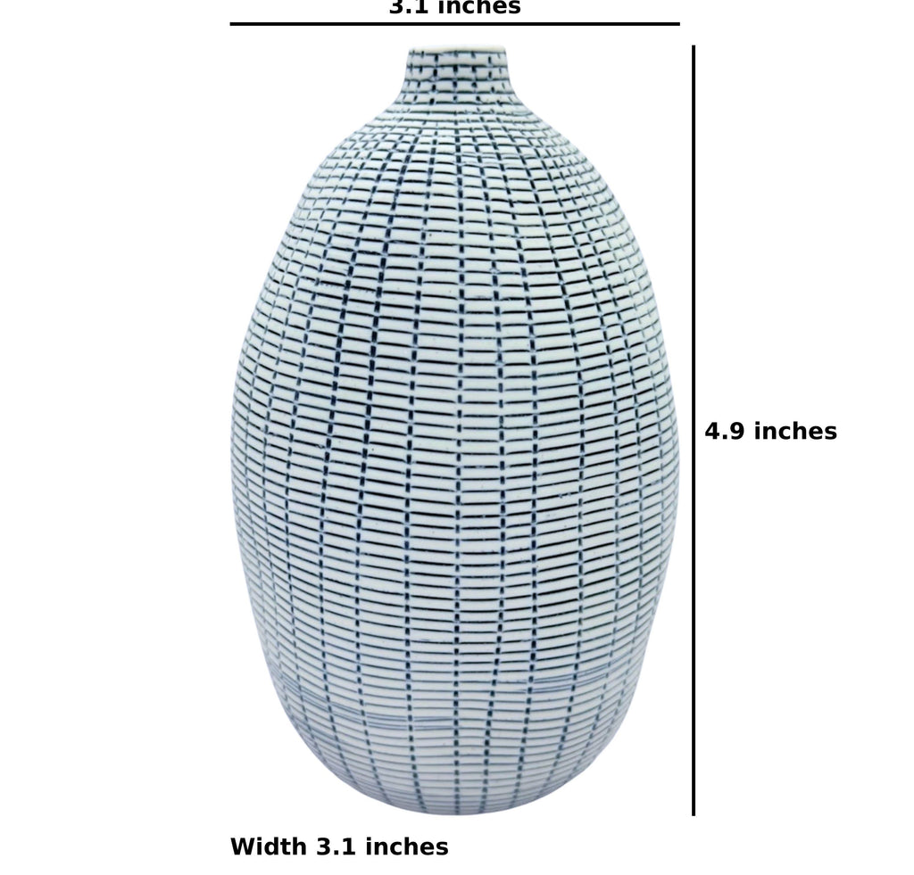 A white ceramic vase with a blue grid pattern, shown with dimension lines indicating a height of 4.9 inches and a width/neck diameter of 3.