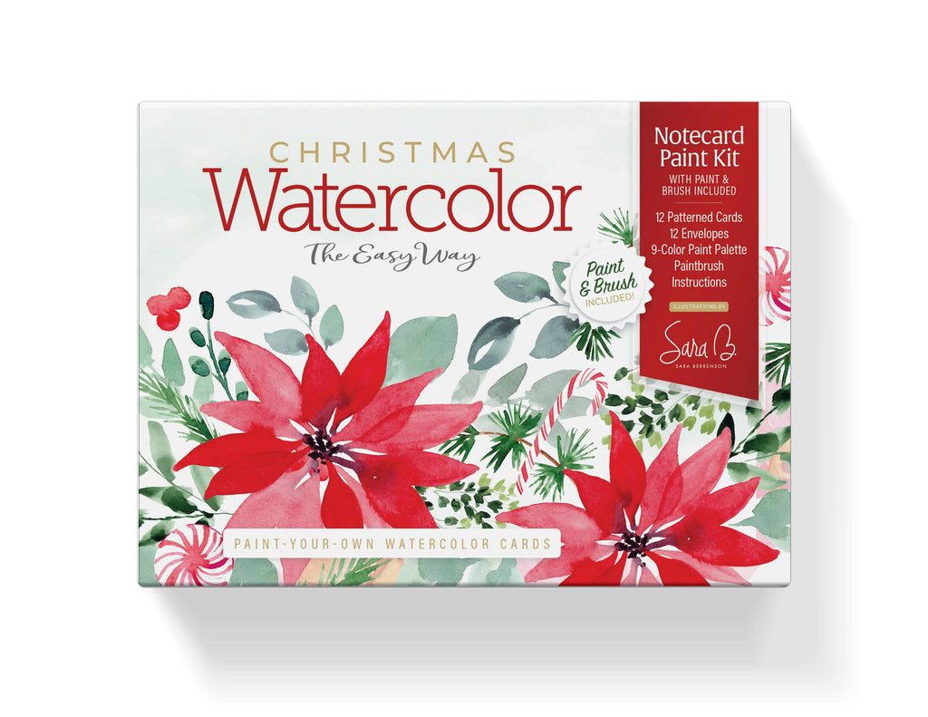 A boxed art product labeled 'Christmas Watercolor The Easy Way' with red poinsettia flowers, green leaves, and holiday illustrations on the front. A red side panel reads 'Notecard Paint Kit' and shows the brand name Seidai.