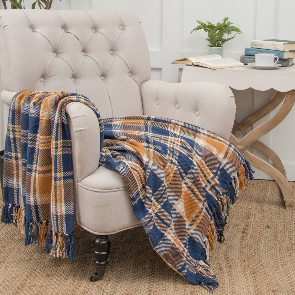 Navy & Gold Plaid Throw Blanket