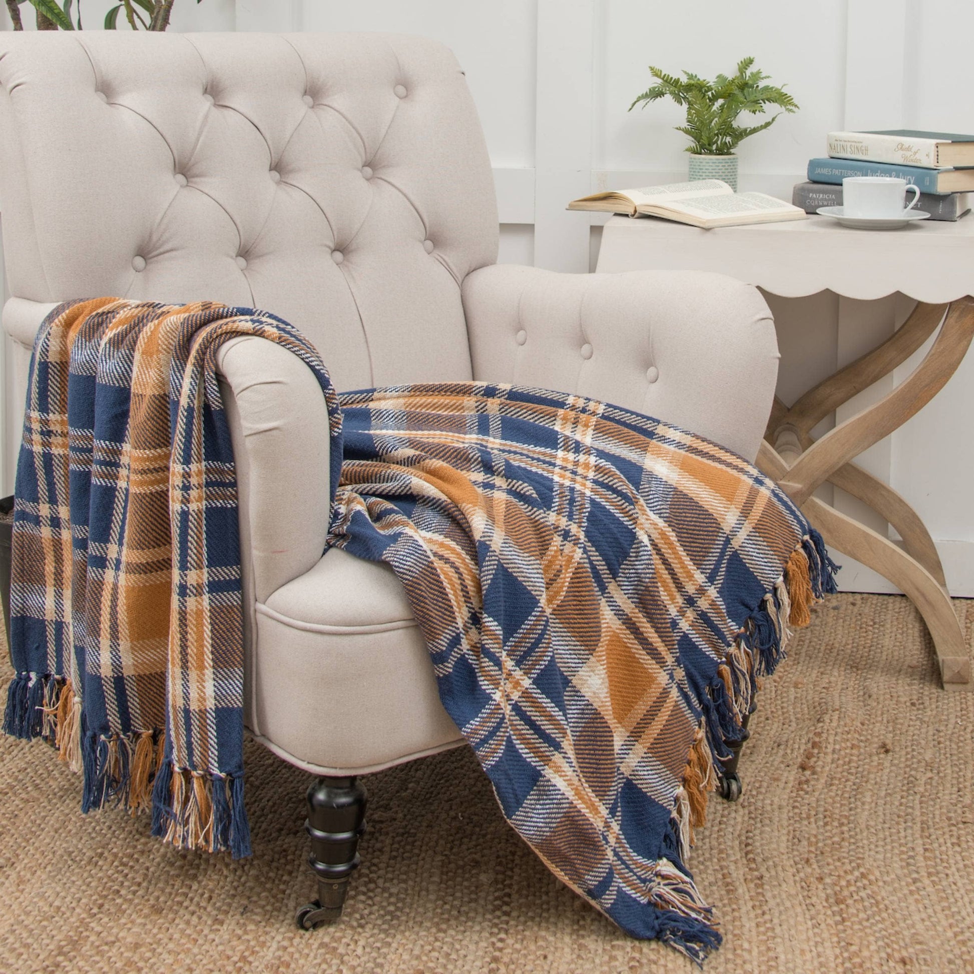 Navy & Gold Plaid Throw Blanket