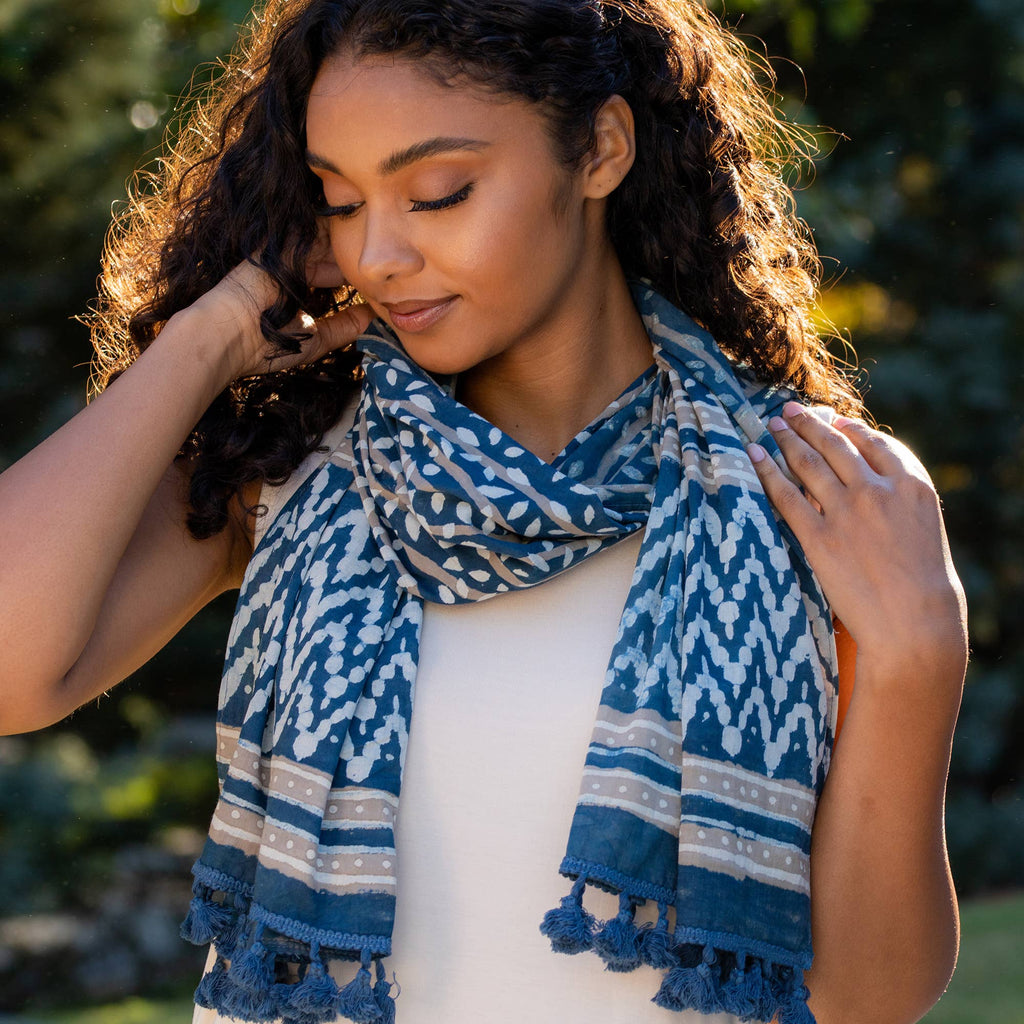 Block Printed Cotton Scarf — Navy & Taupe Leafy Stripes
