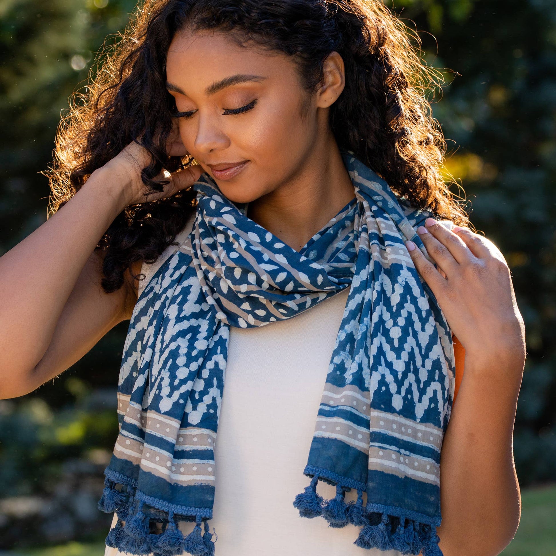 Block Printed Cotton Scarf — Navy & Taupe Leafy Stripes