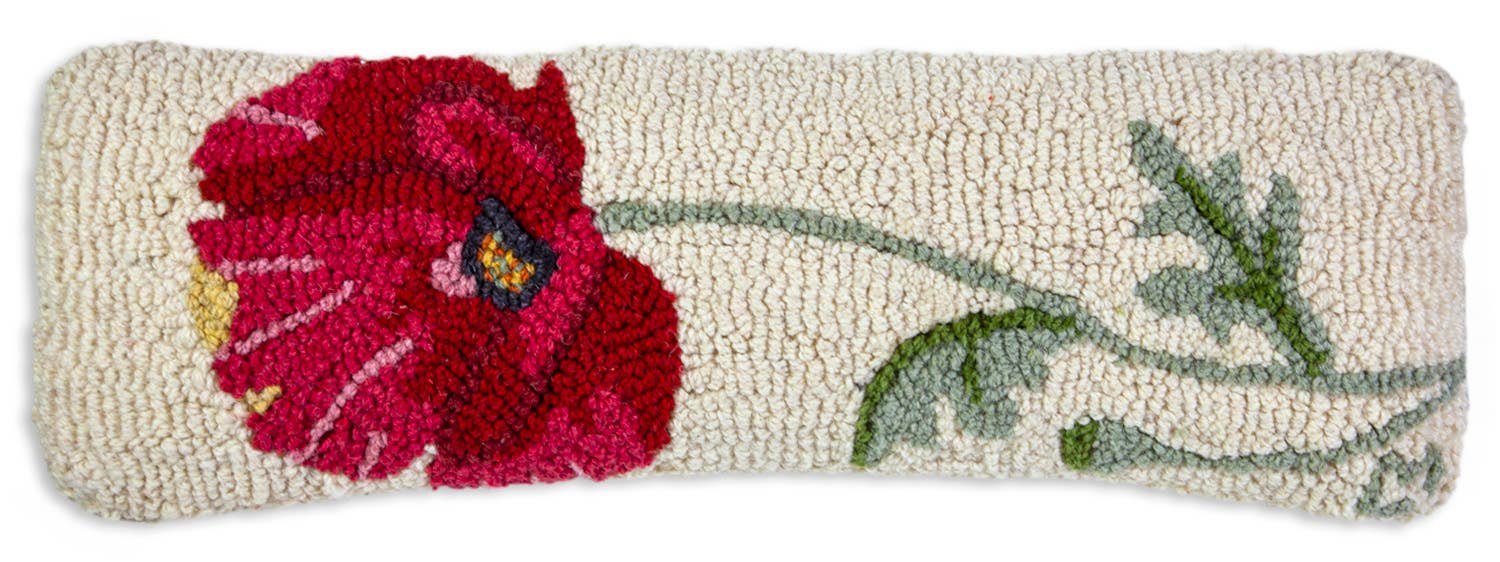 Poppy hooked wool pillow with red flower and green stem on cream background, handcrafted by Lykke Living Lenox MA artisan in . - Poppy Hooked Wool Pillow | 8" x 24"